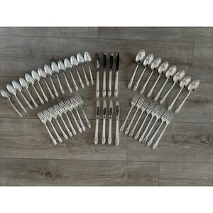 46 pc silverplate flatware set by Rogers, First Love Pattern.‎ Monogram M, srv 8